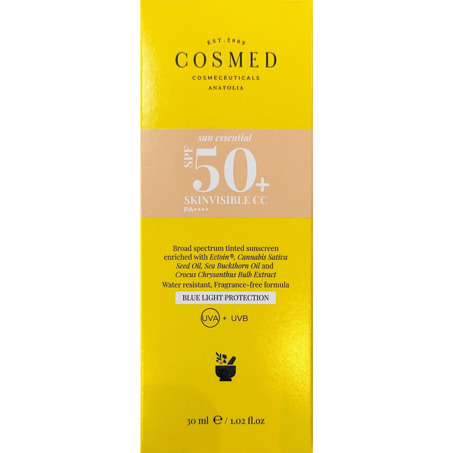 Cosmed Sun Essential Skinvisible CC SPF50 Tüm Cilt Tipleri İçin Renkli CC Yüz Güneş Kremi Yeni Nesil Filtreler 30 ml